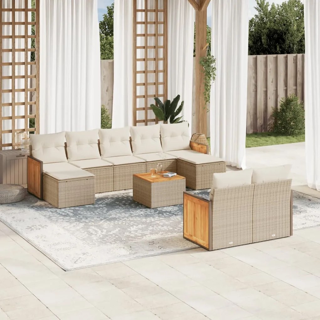 Set Divano da Giardino 10 pz con Cuscini Beige in Polyrattan