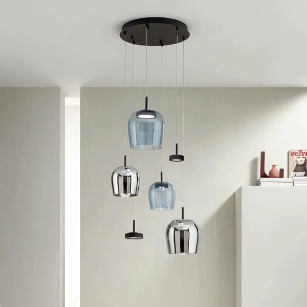 Lampada a sospensione NINA 6 Luci in metallo Oro e vetri Colorati
