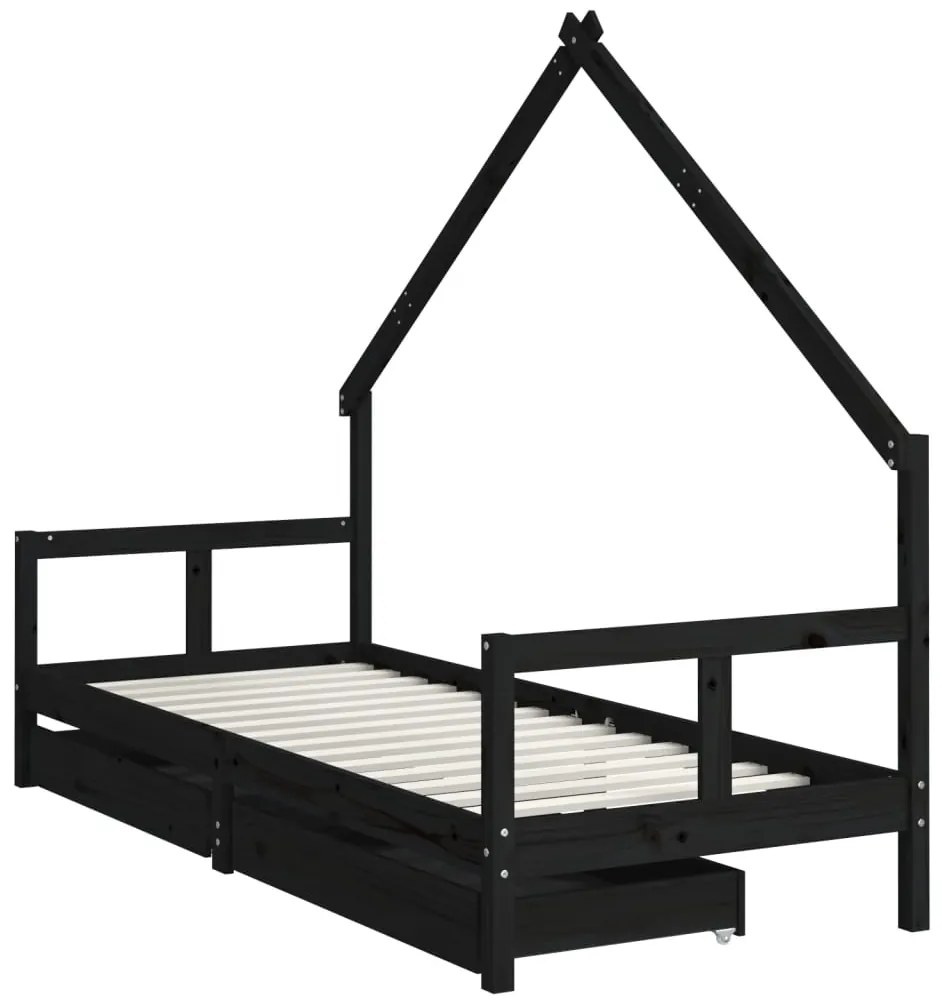 Giroletto bambini con cassetti nero 80x200cm massello di pino