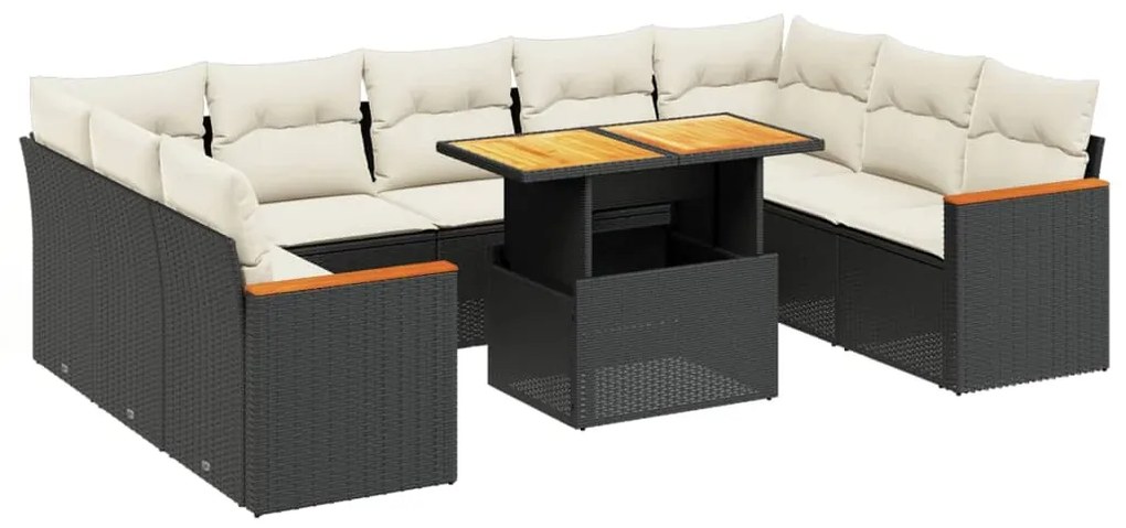 Set divani da giardino 10pz con cuscini in polyrattan nero