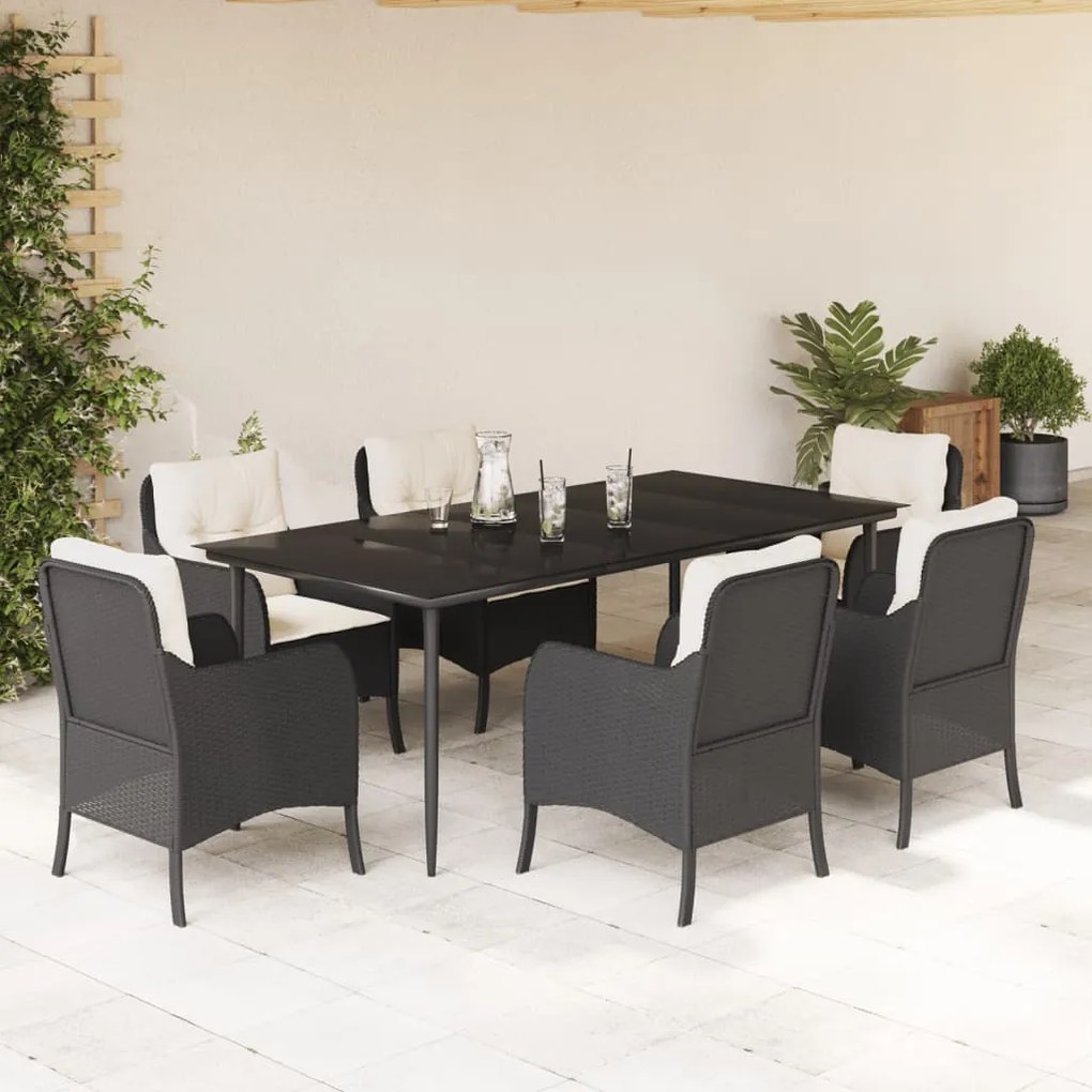 Set da pranzo da giardino 7 pz nero con cuscini in polyrattan