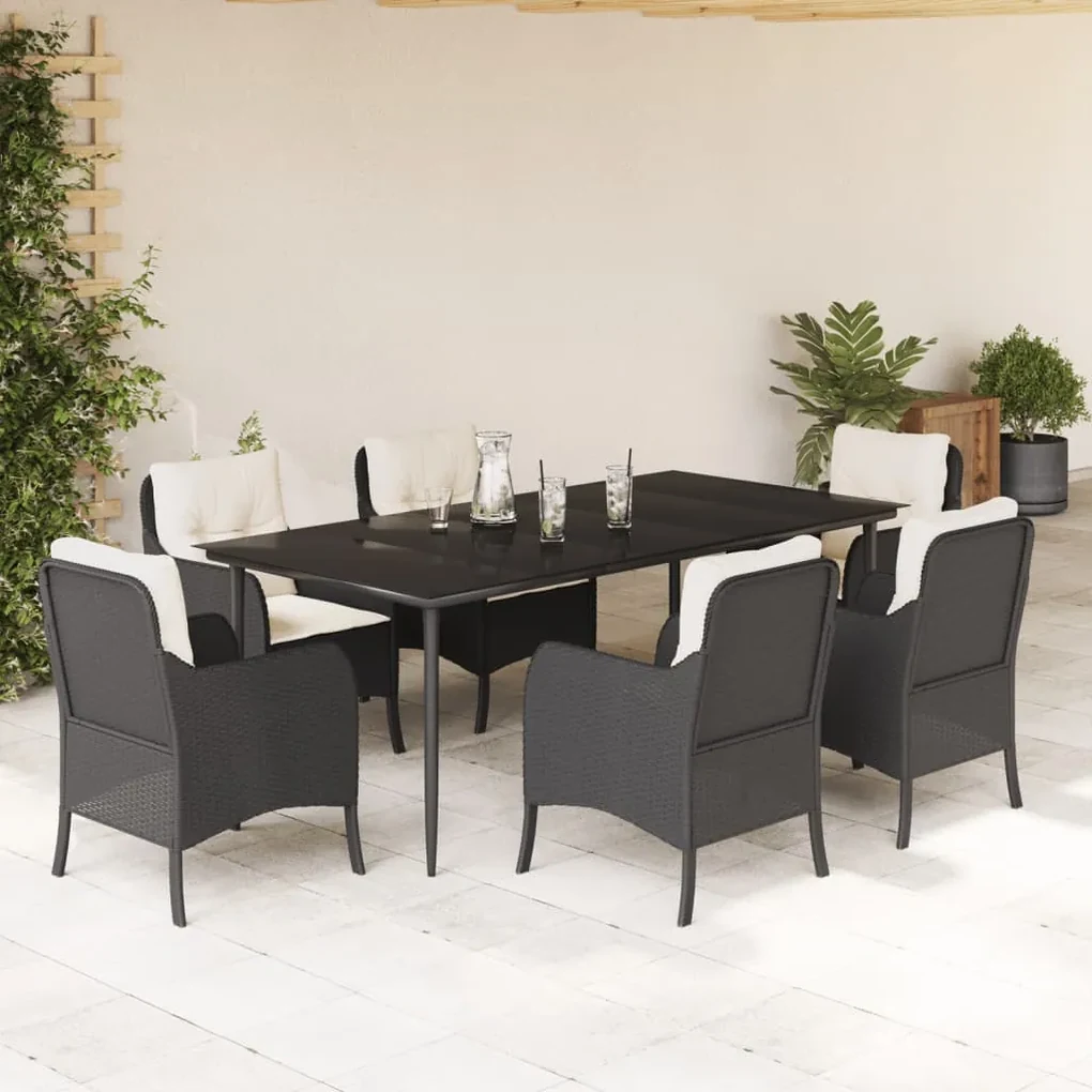 Set da pranzo da giardino 7 pz nero con cuscini in polyrattan