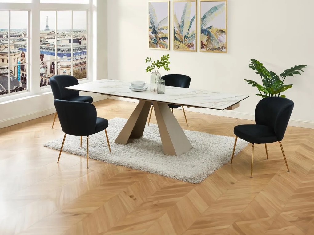 Tavolo da pranzo allungabile da 6 a 10 coperti in Ceramica e Metallo Effetto marmo Bianco e Beige - LOZIPA di Pascal MORABITO