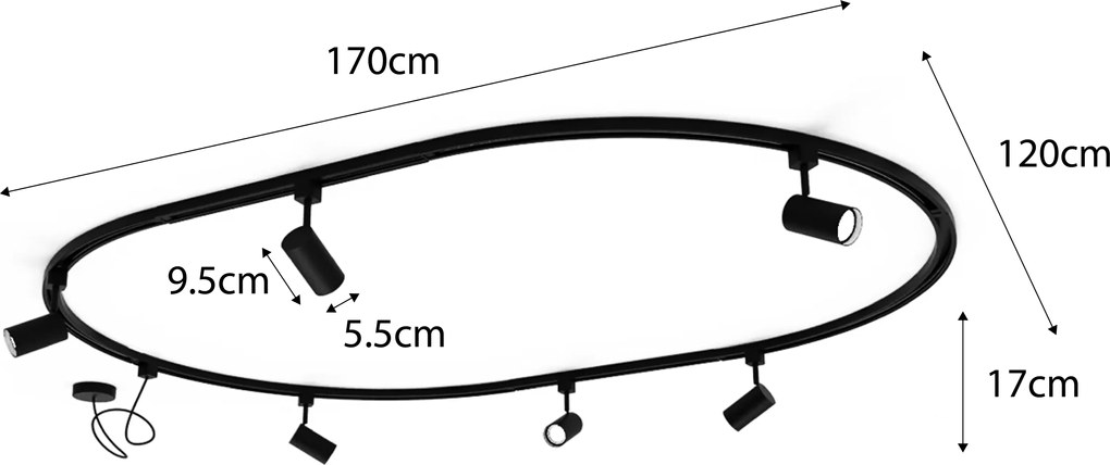 Sistema di illuminazione a binario moderno con 6 faretti neri, monofase, ovale 100 cm - Iconic Jeana