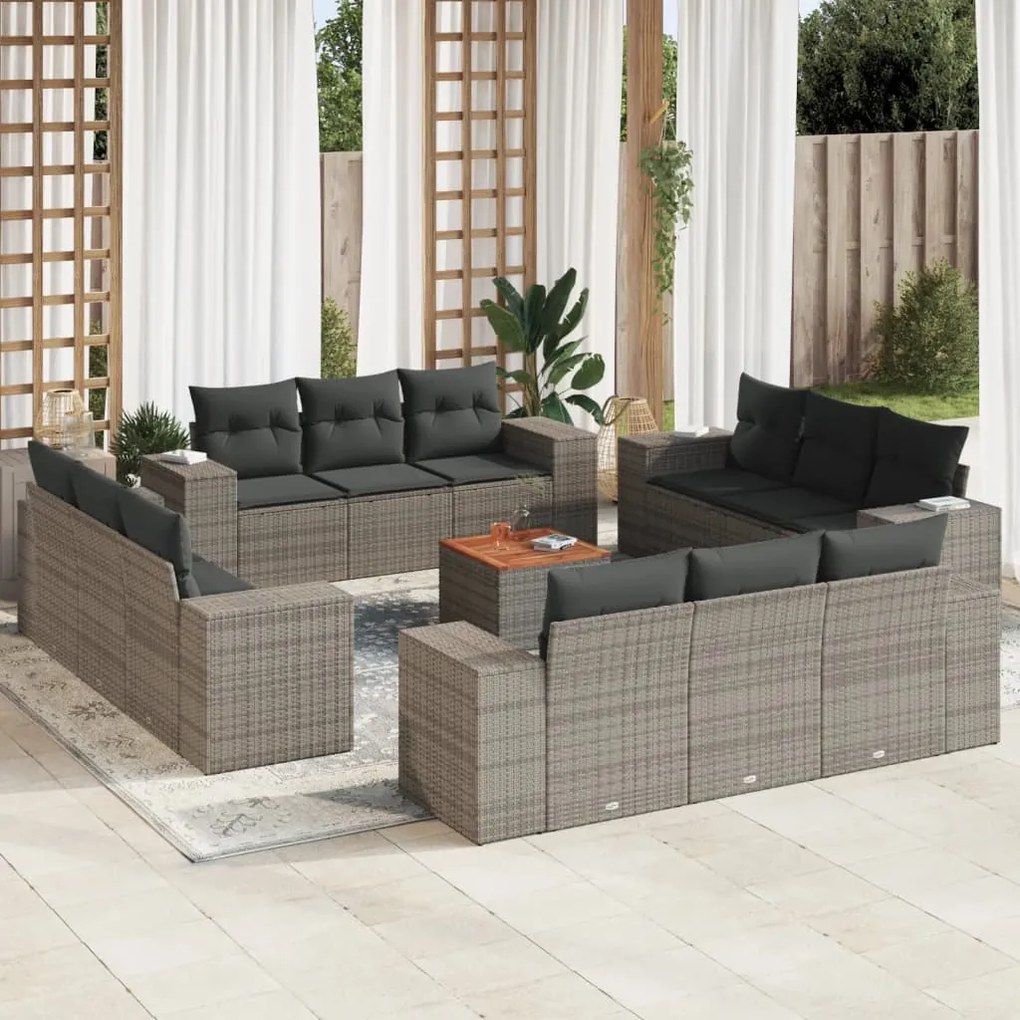 Set divani da giardino 13 pz con cuscini grigio in polyrattan