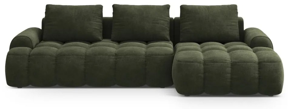 Divano angolare verde allungabile/con contenitore (con penisola a destra/con chaise lounge) con rivestimento in velluto Linz – Cosmopolitan Design