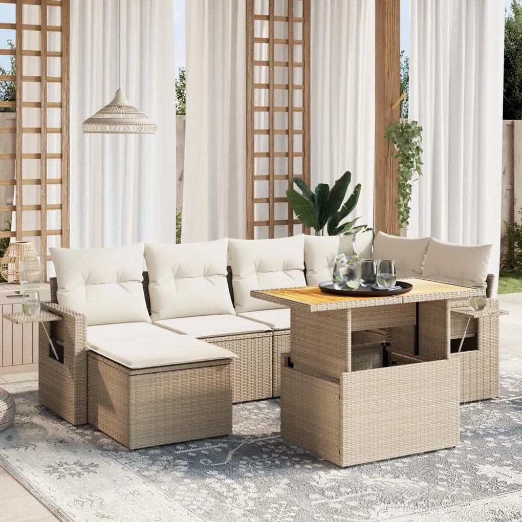 Set divani da giardino 7 pz con cuscini beige in polyrattan
