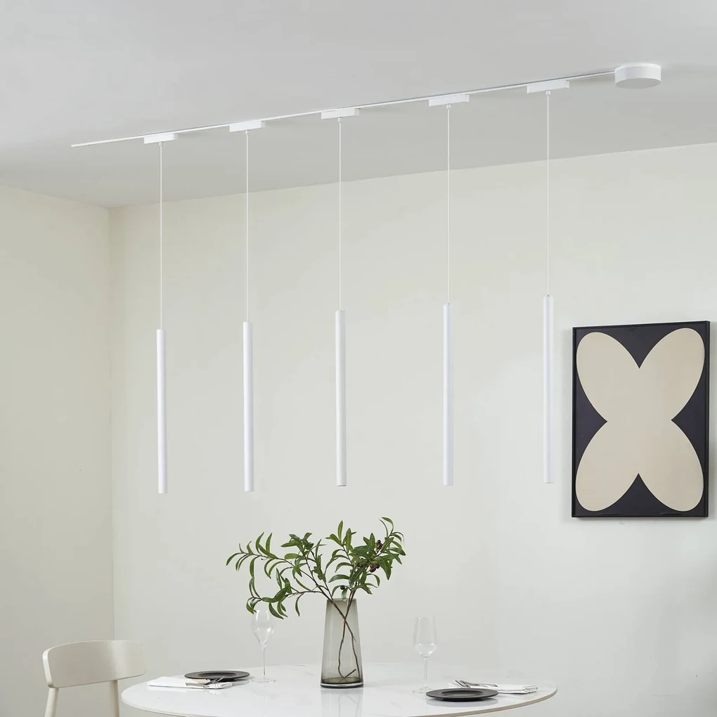 Lindby Sistema a binario 48V Lumaro, pendente, lampadina tubolare, a 5 luci, bianco,