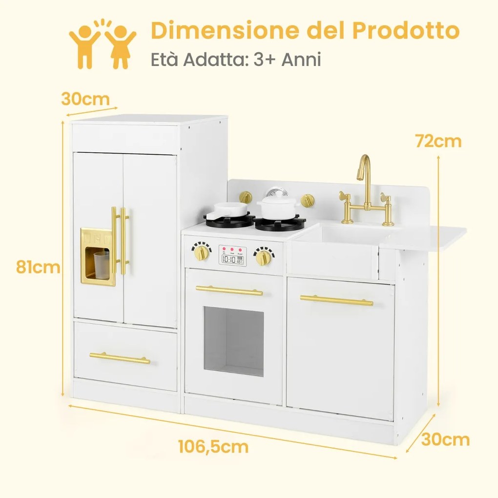 Costway Set da cucina giocattolo per bambini con frigorifero e lavastoviglie, Cucina in legno per bambini di età 3+ Bianco