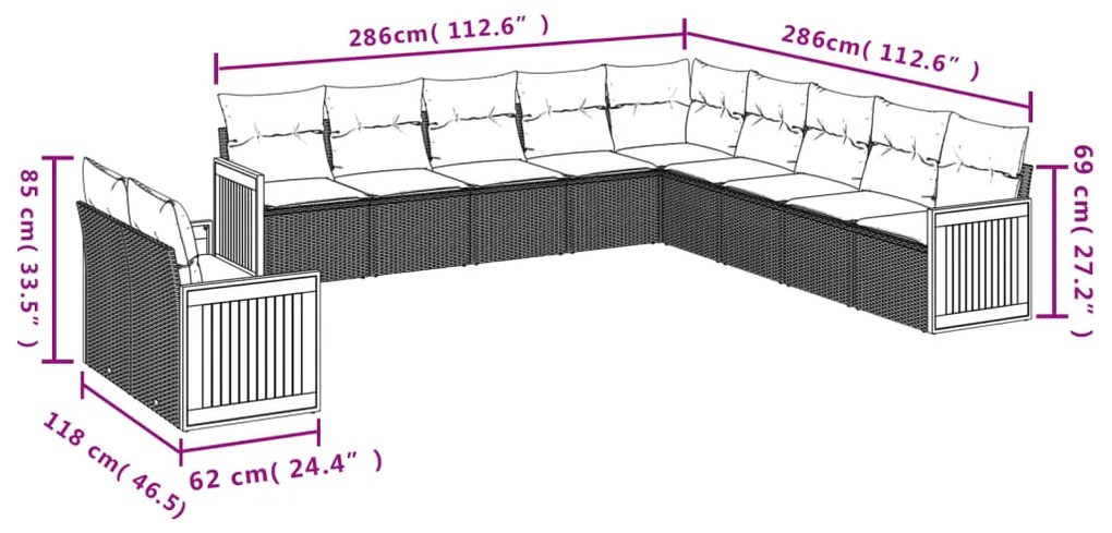 Set Divani da Giardino 11 pz con Cuscini in Polyrattan Nero