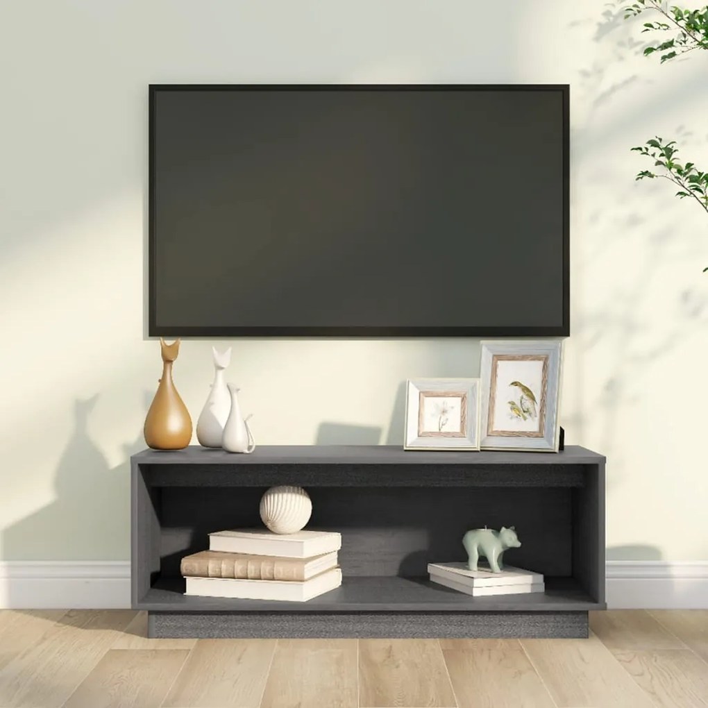 Mobile Porta Tv Grigio 90x35x35 Cm İn Legno Massello Di Pino /