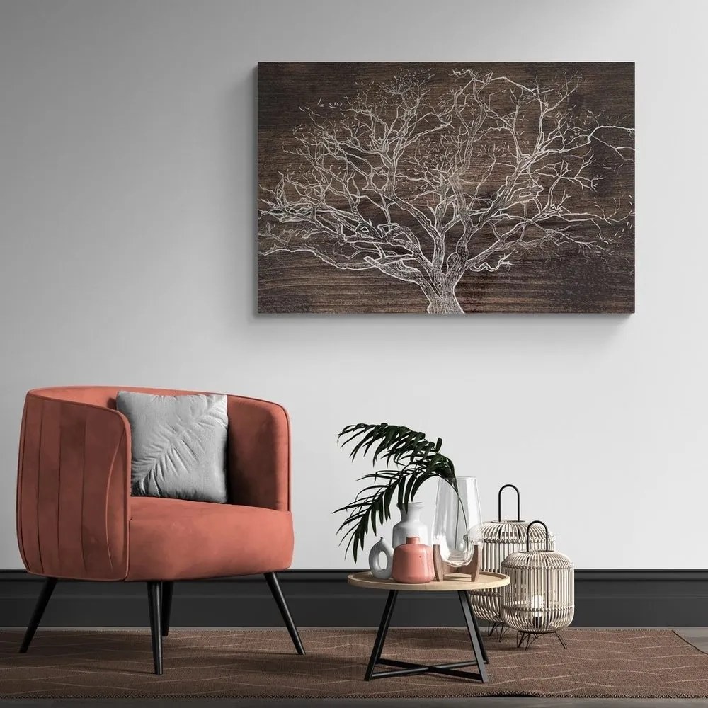 Stampa su tela – Corona dell'albero su sfondo di legno