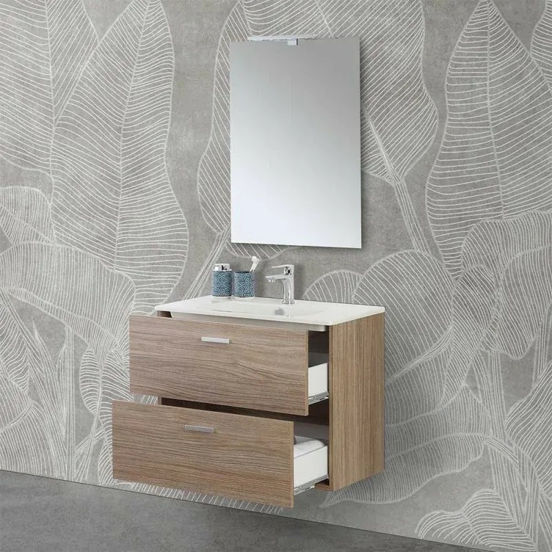 Mobile bagno sospeso 80 rovere tropea con top e specchiera LED Martha