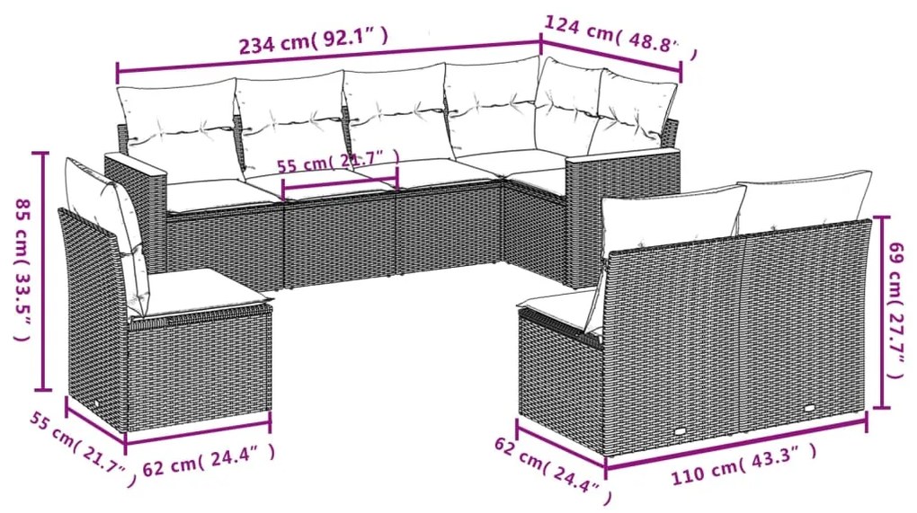 Set divani da giardino con cuscini 8 pz nero in polyrattan