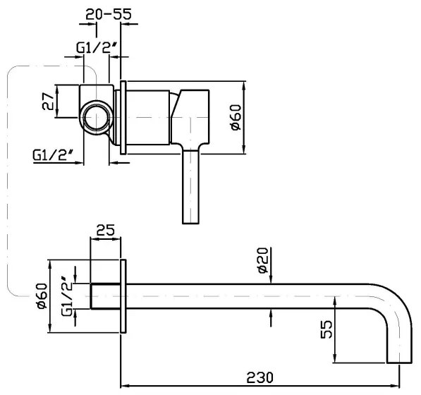 Zucchetti Pan Zp6123 Miscelatore monocomando lavabo a muro bocca 230 mm senza parte ad incasso cromo