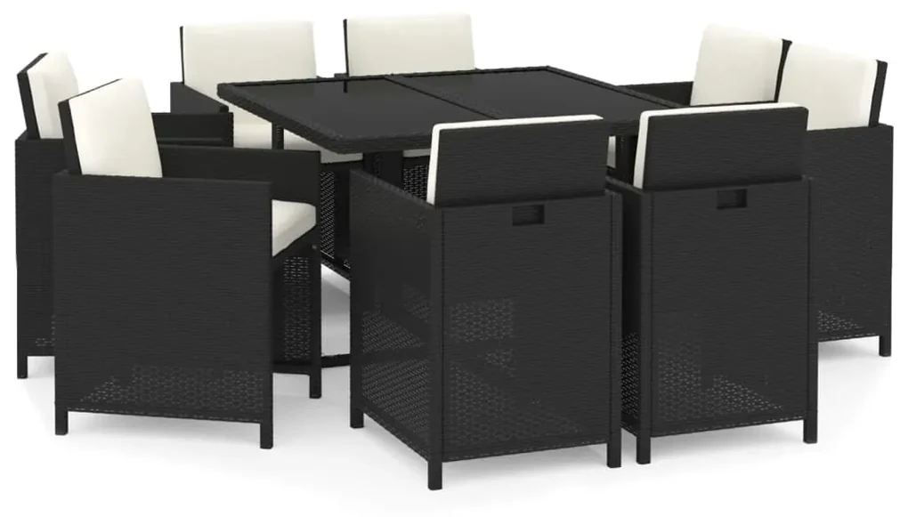 Set da pranzo per giardino 5 pz con cuscini in polyrattan nero