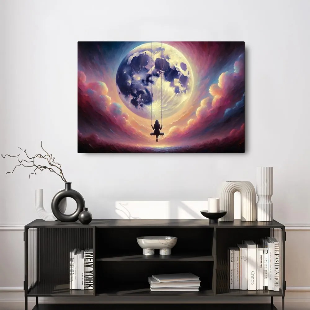 Quadro su tela – Ragazza sull’altalena sotto la luna