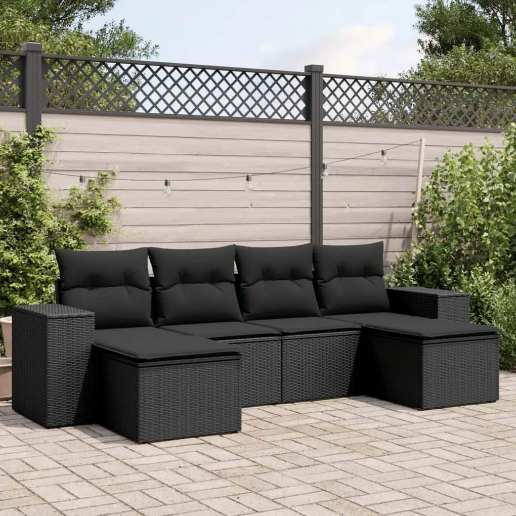 Set Divano da Giardino 6 pz con Cuscini Nero in Polyrattan