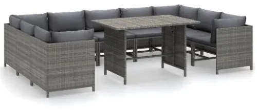 Set Divani da Giardino 10 pz con Cuscini in Polyrattan Grigio