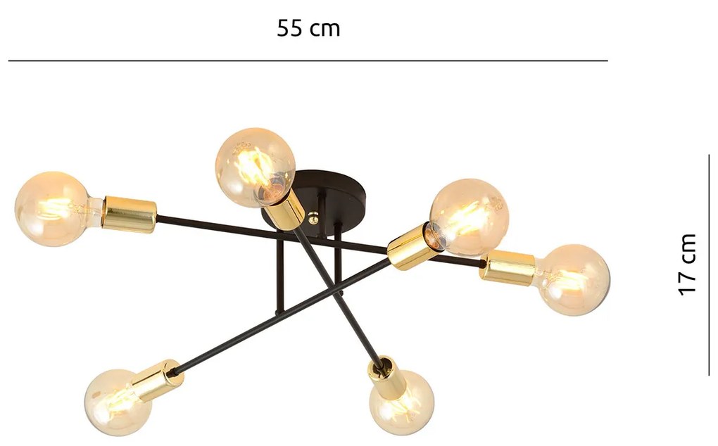 Plafoniera Industriale 6 Luci Diomede In Acciao Nero E Rame Bracci Dritti