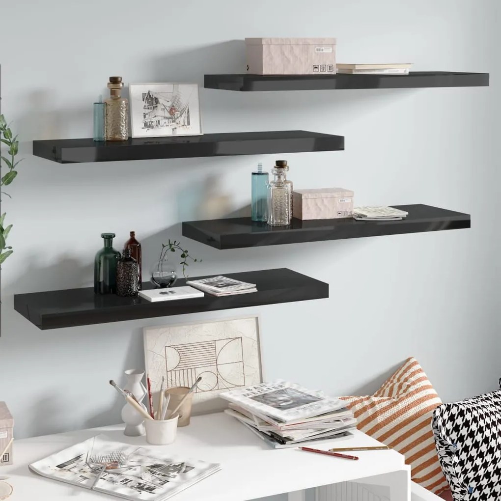 Scaffali A Parete 4 Pz Nero Lucido 80x23,5x3,8 Cm İn Mdf /