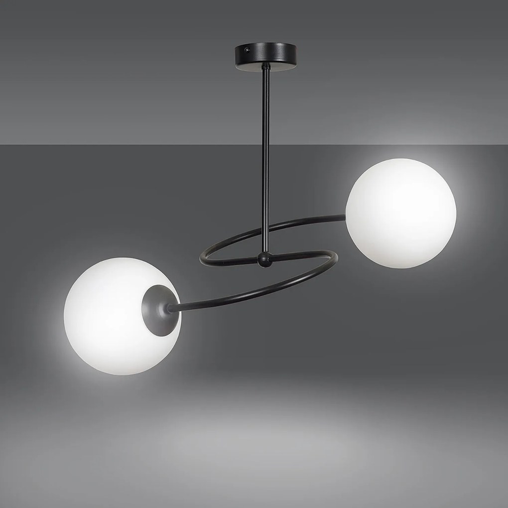 Plafoniera Moderna 2 Luci Nezha In Acciaio Nero E Sfere In Vetro Opale