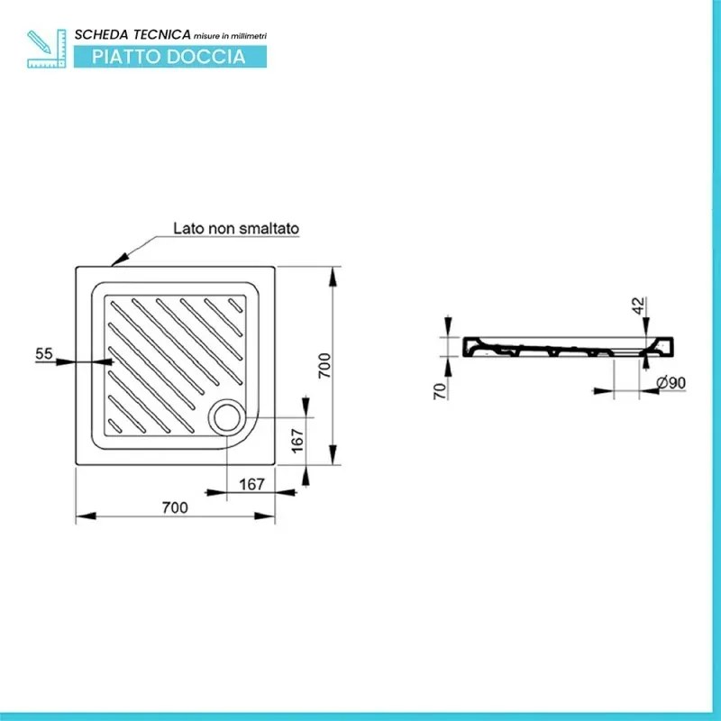 Piatto doccia 70x70 quadrato in ceramica bianco Dolomite Gemma