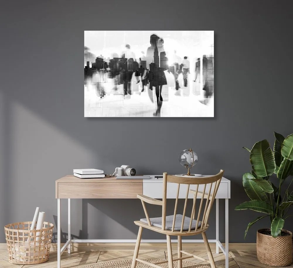 Quadro su tela – Silhouette di persone in metropoli in bianco e nero