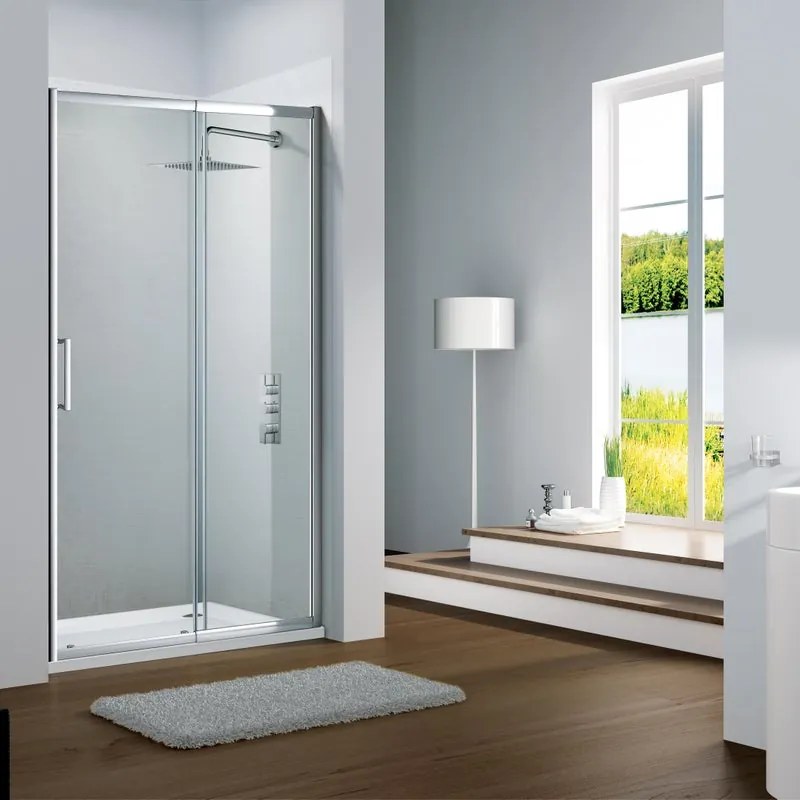 Porta doccia scorrevole L 140-150 cm x H 195 cm per nicchia in vetro trasparente SP. 6 mm, profilo lucido cromo, serie Slimline