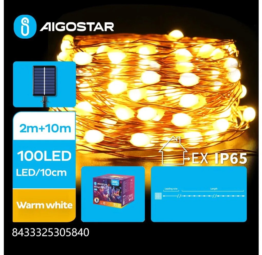 Aigostar - Catena di Natale solare a LED 100xLED/8 funzioni 12m IP65 bianco caldo