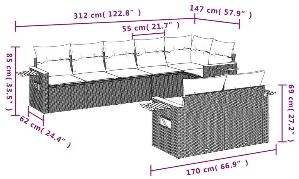 Set Divano da Giardino 8 pz con Cuscini Beige in Polyrattan