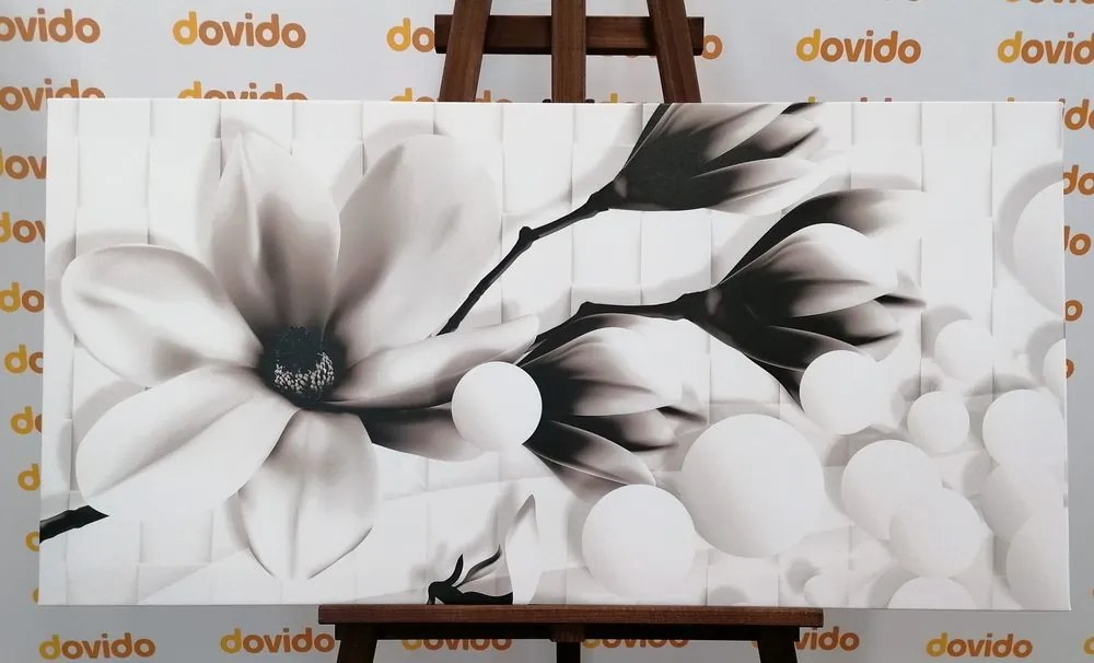 Quadro su tela – Magnolia in bianco e nero con elementi astratti