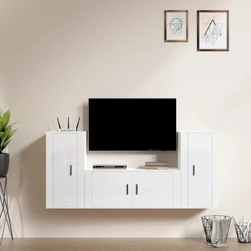 Set mobili porta tv 3 pz bianco lucido in legno multistrato