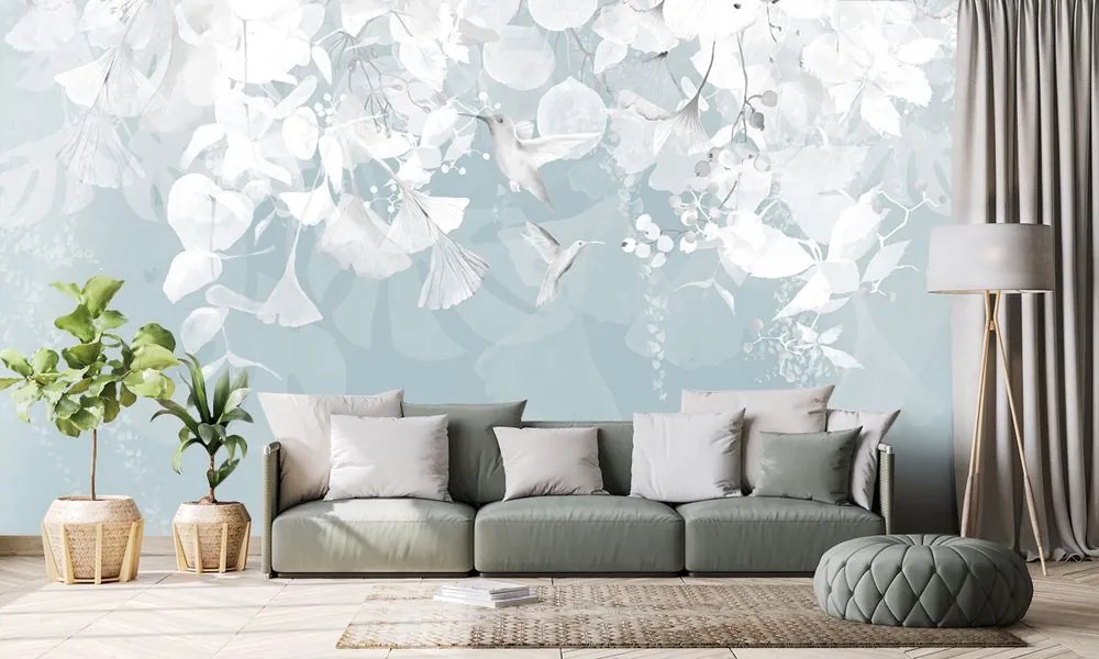 Carta da parati – Foglie con Colibrì in Blu-Grigio