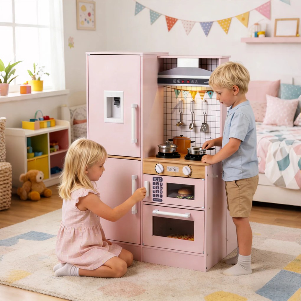 Costway Cucina giocattolo bambini bifacciale legno acqua cappa microonde utensili, Cucina giocattolo luci suoni imitazione bambini 3+ anni 2 Colori