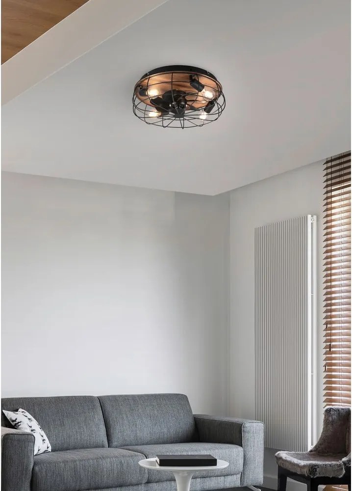 Plafoniera nera opaca e marrone con telecomando e ventilatore Trondheim – Trio