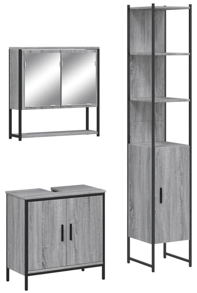 Set mobili da bagno 3 pz grigio sonoma in legno multistrato