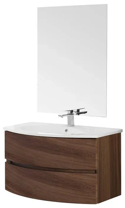 Mobile bagno sospeso 90 noce con lavabo e specchio 70x90 cm Maiori