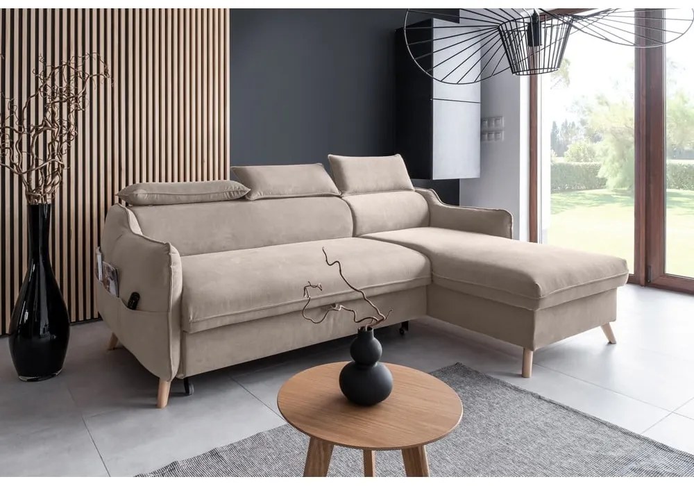 Divano letto angolare in velluto beige (angolo destro) Sweet Harmony - Miuform