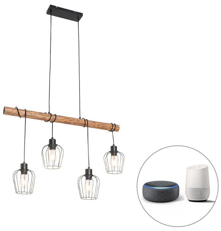 Lampada a sospensione intelligente nera con legno incl. 4 Wifi A60 - Stronk