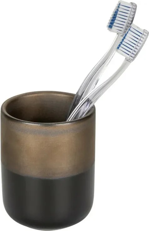 Set accessori bagno con dispenser e porta spazzolino nero opaco e bronzo in ceramica Teos