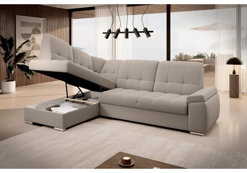 Divano angolare beige allungabile/con contenitore (con penisola a sinistra/a L) e rivestimento in velluto Sado – ELTAP