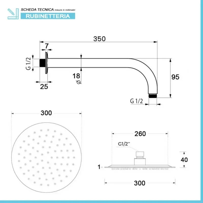 Set doccia a incasso completo nero opaco con braccio 35cm, soffione 30cm, miscelatore e kit doccino Flat