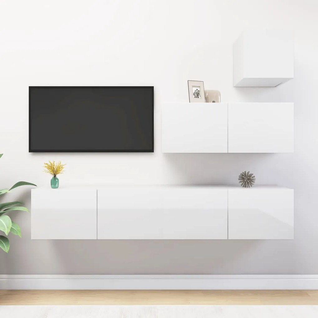 Set di Mobili Porta TV 4 pz Bianco Lucido in Legno Multistrato