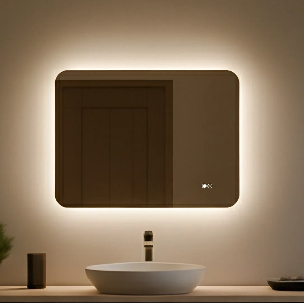 Specchio da bagno arrotondato con illuminazione LED 80x60@x70Px700x808x1008x120 cm, bicolore, interruttore touch, tappetino riscaldante