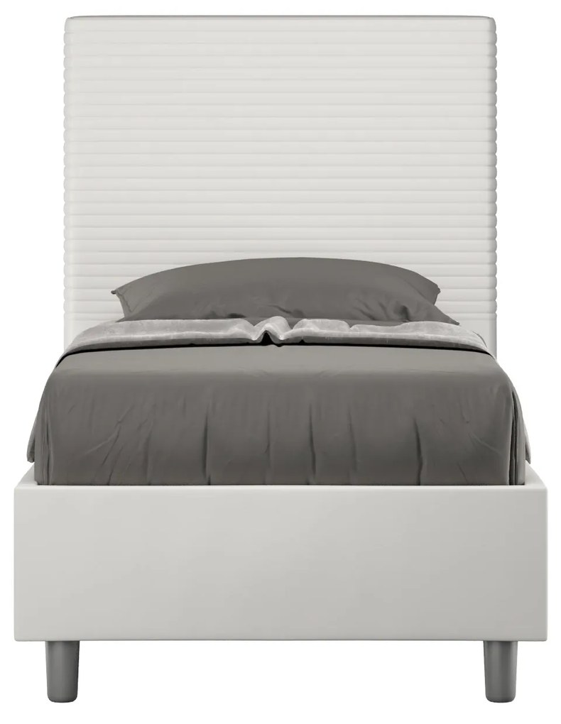 Letto singolo senza rete, con rete e contenitore imbottito similpelle Focus, Bianco / Con Rete
