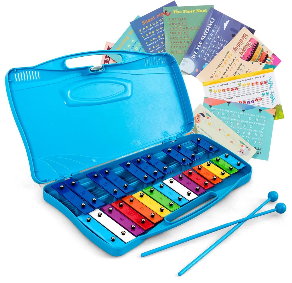 Costway Xilofono 25 tasti per bambini in alluminio colorati, Strumento per bambini cromatico glockenspiel Blu