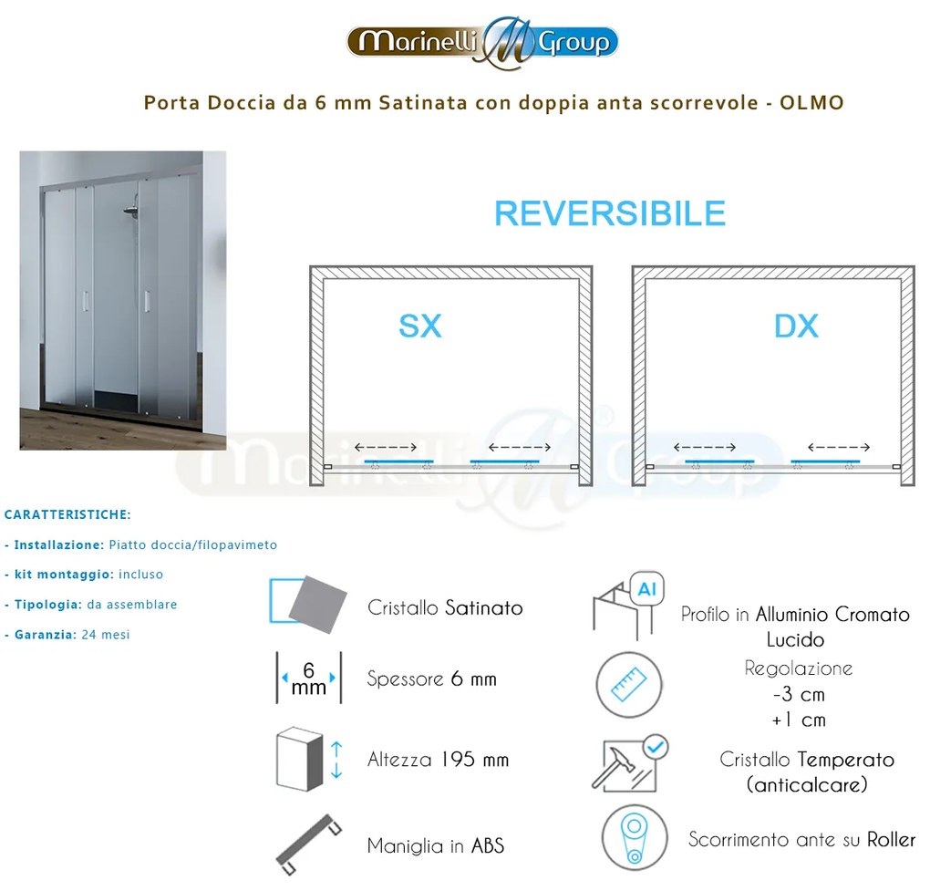 Porta doccia doppia anta scorrevole 150 cm satinata Olmo