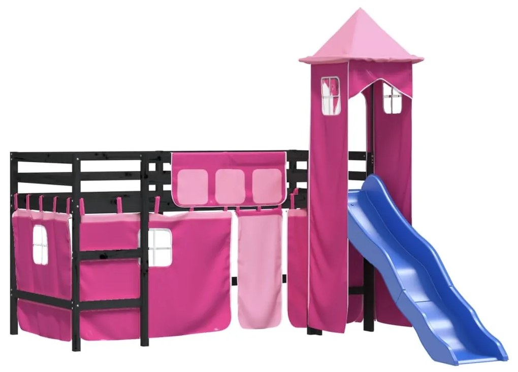 Letto a soppalco con torre bambini rosa 80x200cm massello pino