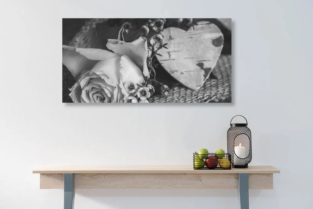 Stampa su tela – Rose e cuore in stile vintage in bianco e nero
